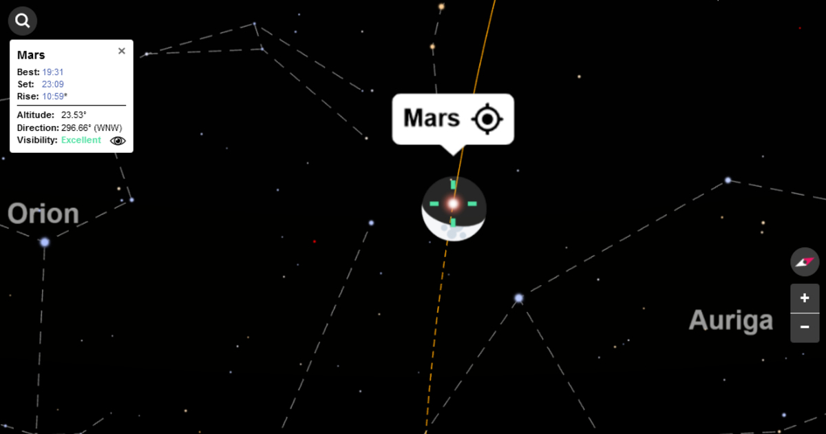 The Moon occults Mars in this screenshot from our Night Sky Map for Singapore on the evening of April 17, 2021.