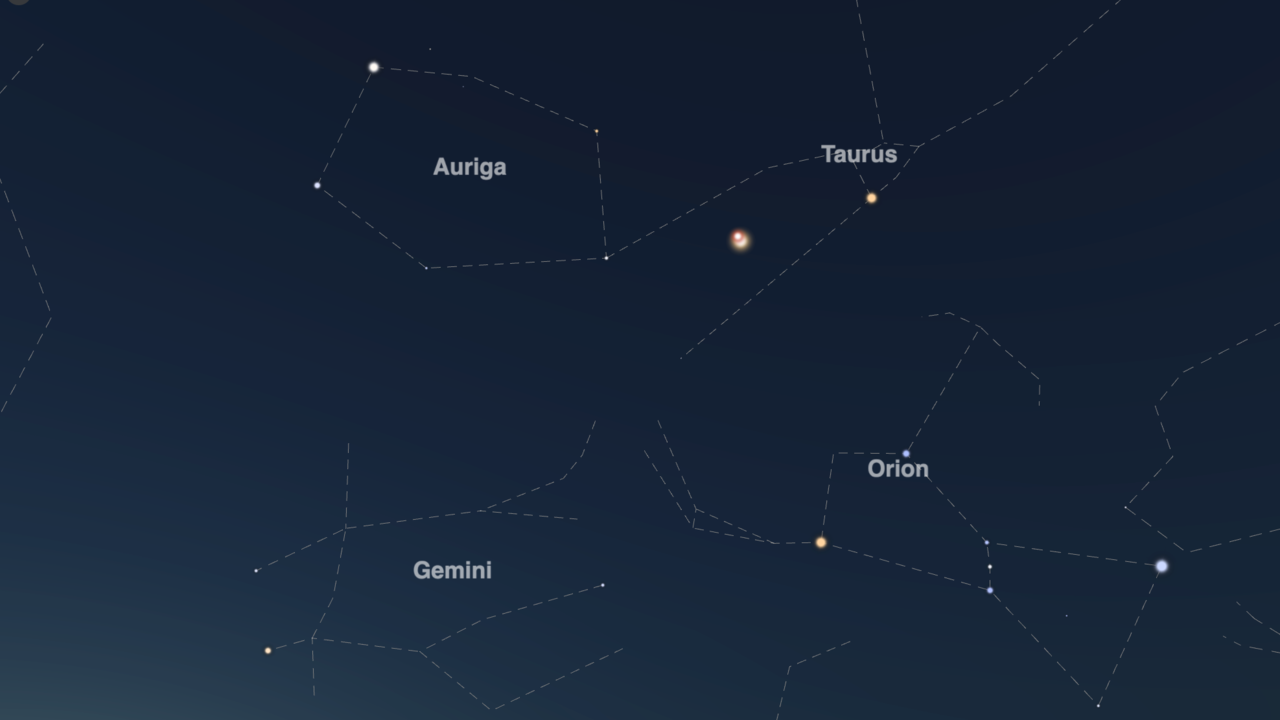 Night Sky Map view of Jupiter-Mars conjunction; as seen from New York on August 14, 2024, at 05:30 local time. (Sizes of Jupiter and Mars have been exaggerated.)