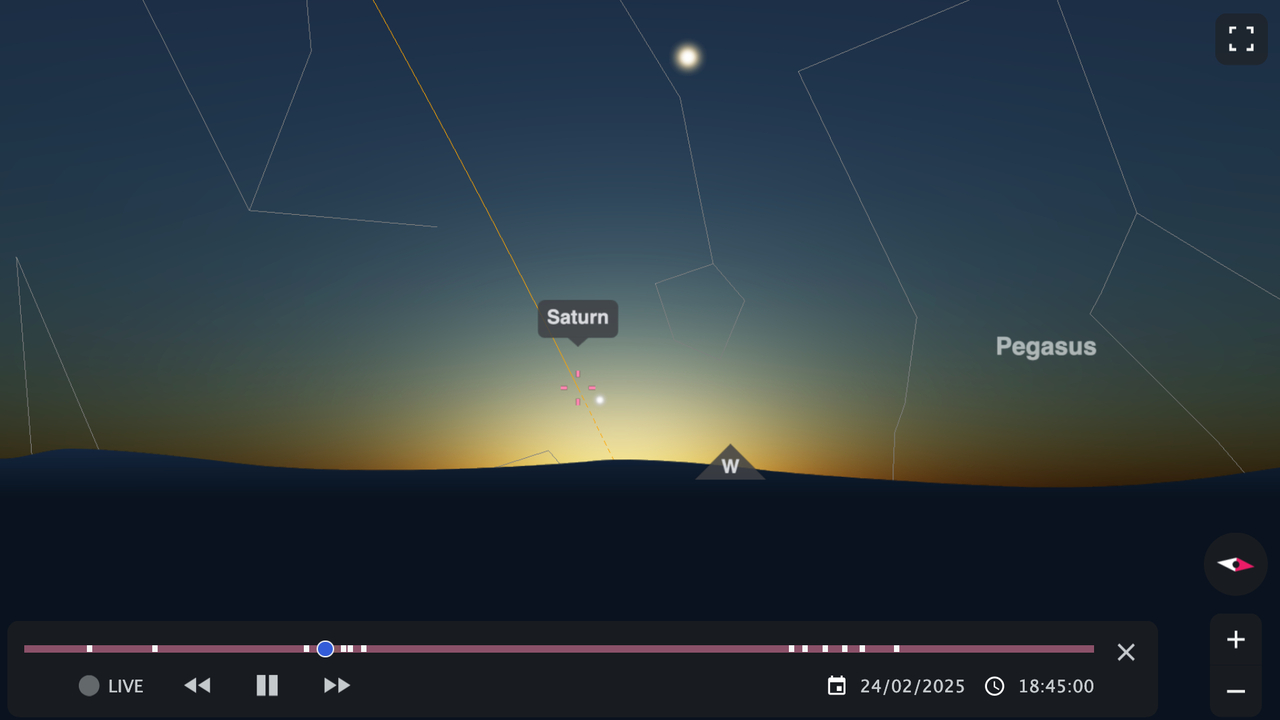 Screenshot of Night Sky Map for Miami: Venus shines brightly at the top of the image; Mercury and Saturn (marked with crosshairs) are close to the horizon and difficult to see.