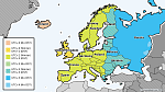 A map of time zones and DST in Europe.