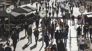 Commuters and tourists in Canary Wharf, London, United Kingdom.