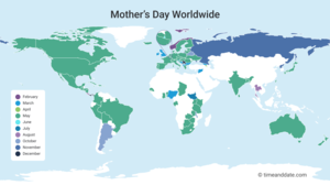 Map showing all countries celebrating a form of Mother’s Day around the world with the respective dates