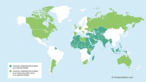 显示哪些国家庆祝宰牲节的世界地图。
