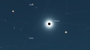 天空模拟显示了完全日食的太阳，木星和金星在两侧。