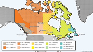 A map of time zones and DST in Canada.