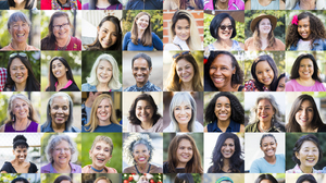 A diverse collection of female portraits, all are positive or smiling, laughing.