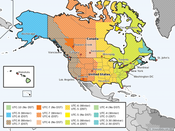 US map showing time zones with and without DST