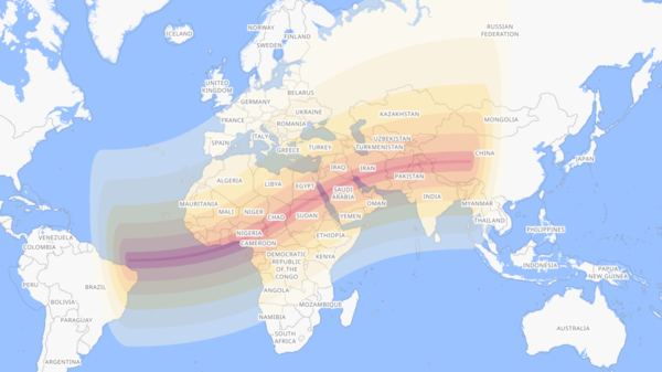 A world map of the total solar eclipse of March 20, 2034