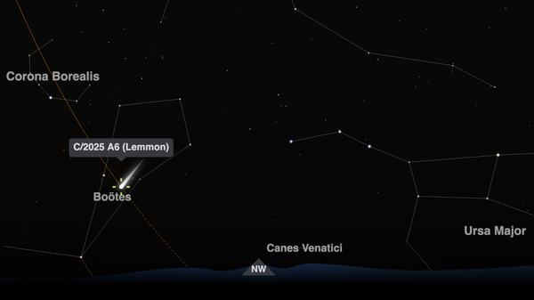 Night Sky Map view of Comet C/2025 A6 (Lemmon) over New York, USA, on October 21, 2025, at 20:00 (8 pm) local time. In the same part of the sky, we can see the Big Dipper. The brightness of the comet has been greatly exaggerated.