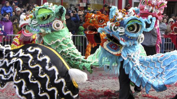 在华盛顿唐人街，中国狮子在鞭炮声中翩翩起舞，庆祝一年一度的中国新年。