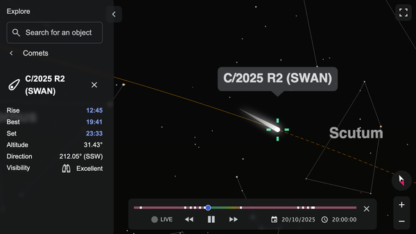 Night Sky Map view of Comet C/2025 R2 (SWAN) over New York, USA, on October 20, 2025. This comet may be a binocular target.