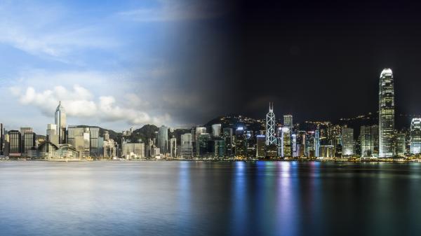 Day and night landscape in Hong Kong, China.