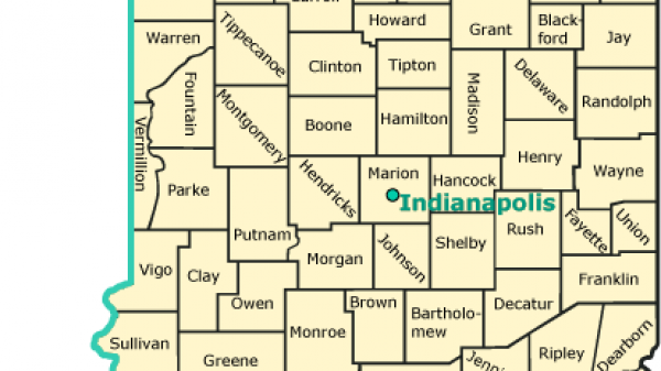 A map of Indiana's counties and time zones.