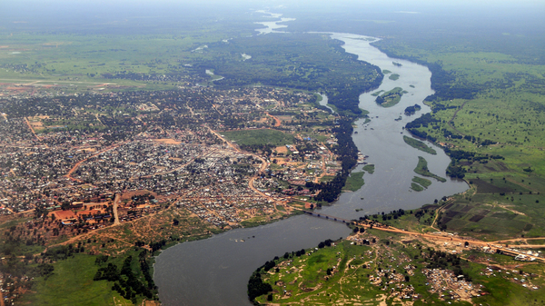 Aerial photo of Juba, South Sudan, with the river Nile.