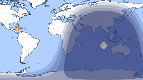 Our Day and Night World Map shows Earth at 17:22 UTC on May 5, 2023—at the maximum point of a penumbral lunar eclipse.