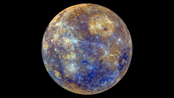 Enhanced-colour image from NASA’s Messenger probe of Mercury: A round planet with iridescent blue, sandy color and strands of greyish white,