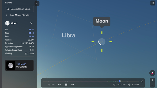 Image from timeanddate.com’s Night Sky Map for New York, showing the Moon at sunrise on December 16, 2025.