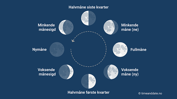 Illustrasjon av de fire hovedfasene og fire delfasene til månen.