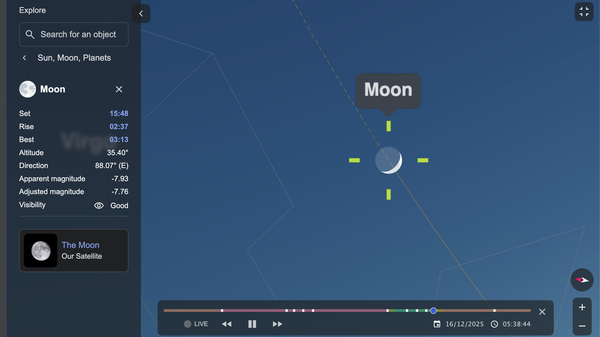Image from timeanddate.com’s Night Sky Map for Sydney, showing the Moon at sunrise on December 16, 2025.
