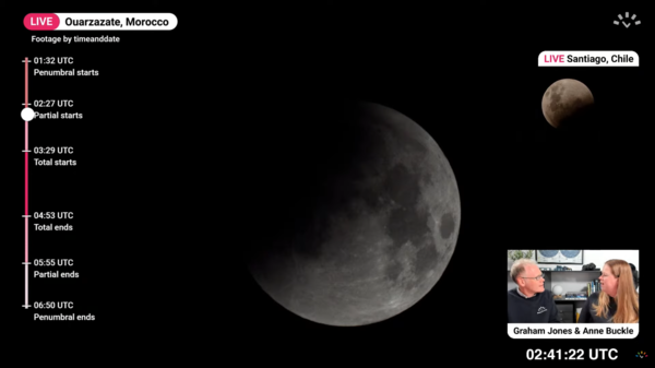 Side-by-side views of the May 2022 lunar eclipse from Morocco and Chile.