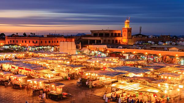 Night view of Djemaa el Fna square, Marrakech, Morocco.