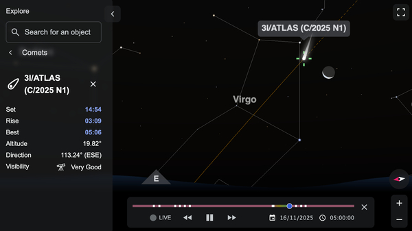 Night Sky Map screenshot showing the position of comet 31/ATLAS, as seen from New York, USA. The comet’s brightness is greatly exaggerated—it will only be visible with a telescope.