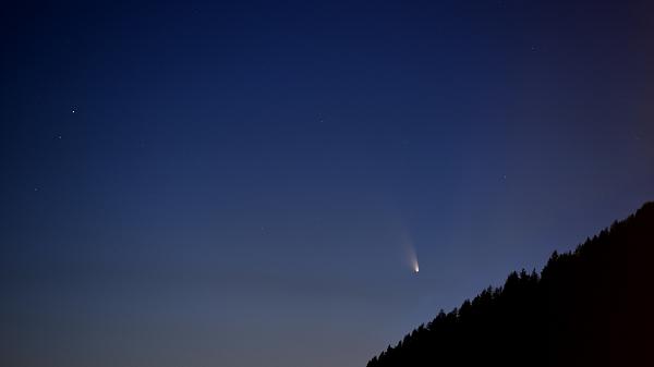 Komet C/2011 L4 PanSTARRS Komet C/2011 L4 PanSTARRS am Nachthimmel mit Wald im Vordergrund.