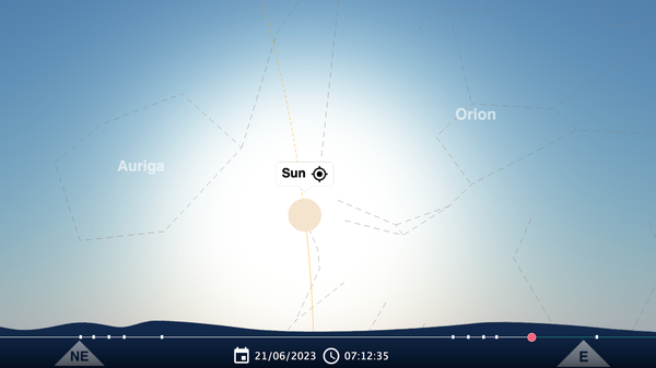A view from the timeanddate Night Sky Map for Quito, Ecuador, one hour after sunrise.