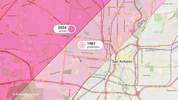 Map of the eclipse path of totality next to San Antonio, Texas, on April 8, 2024. The 1987 prediction is an old estimate using an outdated value for delta T.