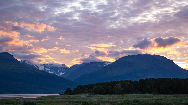 A view of the mountainous landscape around Skibotn in northern Norway.