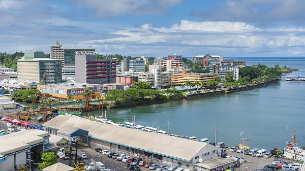 View of the harbour and city centre of Suva, the capital city of Fiji.