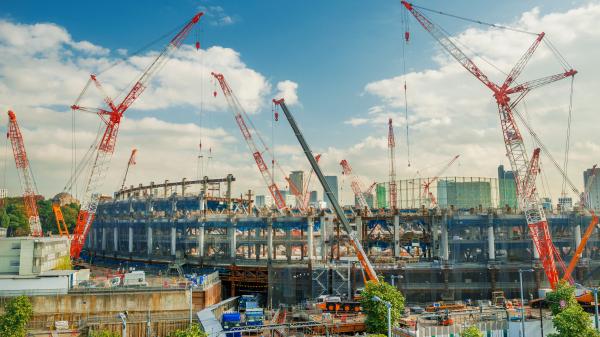 The new Tokyo National Stadium for the 2020 Summer Olympic Games under construction in Shinjuku District, Japan.