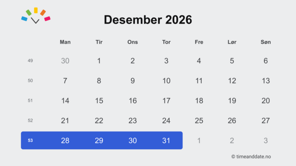 Kalender for desember 2026 som fremhever uke 53.