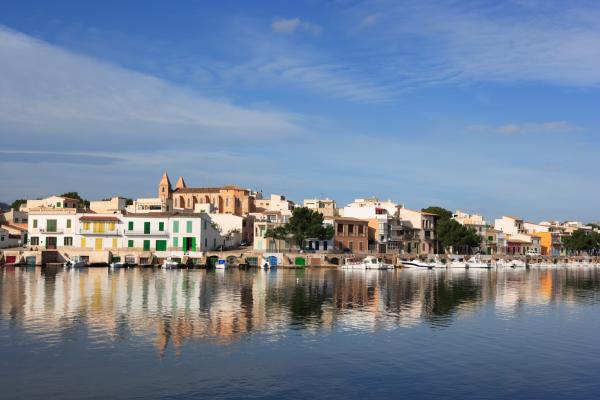 mediterranean village, reflection in water, Porto Colom , Majorca mediterranean village, reflection in water, Porto Colom , Majorca