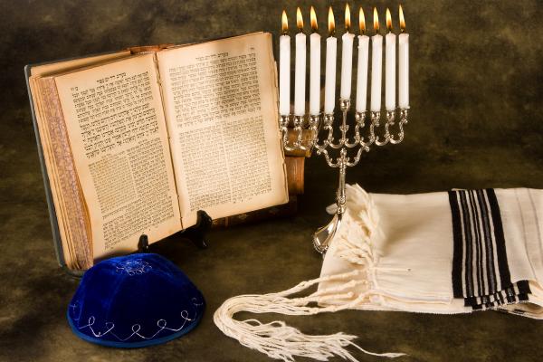 Jewish prayer shawl, cap and nine candle menorah Jewish prayer shawl, cap and nine candle menorah