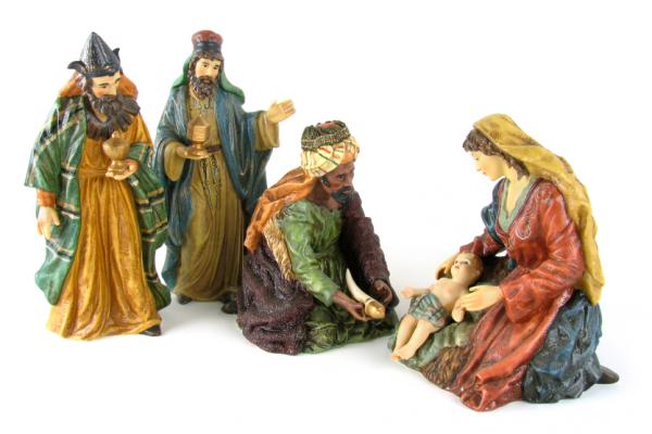 Image of the Nativity scene, 3 wise men adoring baby Jesus.