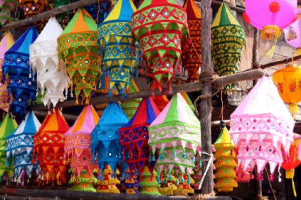 Beautiful sky lanterns made of colorful cloth for sale for the Diwali festival in India.