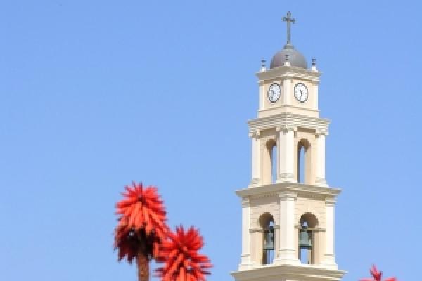 Church clock tower in old Jaffa, Israel