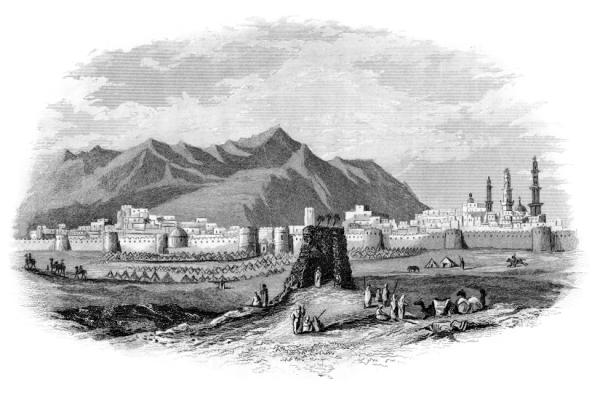 This vintage engraving depicts a view of the ancient, holy city of Al Madinah in Saudi Arabia, and burial place of the Islamic prophet Muhammad (also spelled Medina).