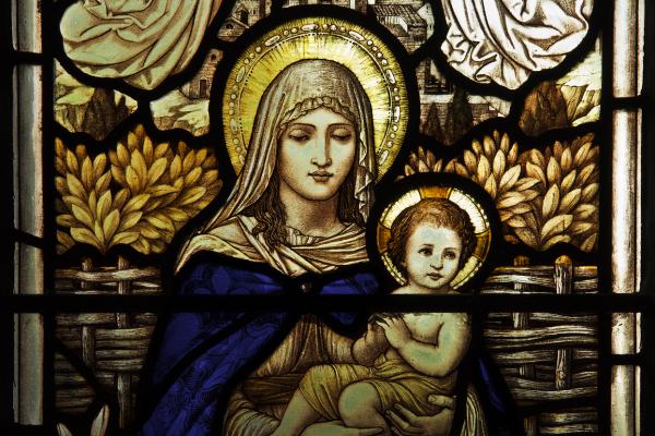 Stain glass representation of the virgin Mary and baby Jesus
