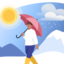 Illustration of man on a walk holding an umbrella. There is rainclouds and a bright sun on the sky.