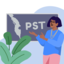 Illustration of a woman pointing at a blackboard with PST and american state