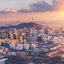 The skyline of Seoul City, South Korea, seen at sunset.