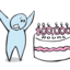 Illustration, hand-drawn style of a person celebrating with a cake marked with 100,000 hours