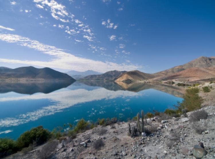The Puclaro Embalse (reservior) in the Elqui Valley, Chile, on a particularly calm day.
