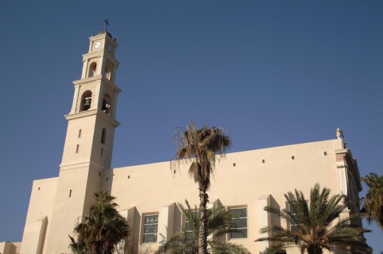Church clock tower in old Jaffa, Israel