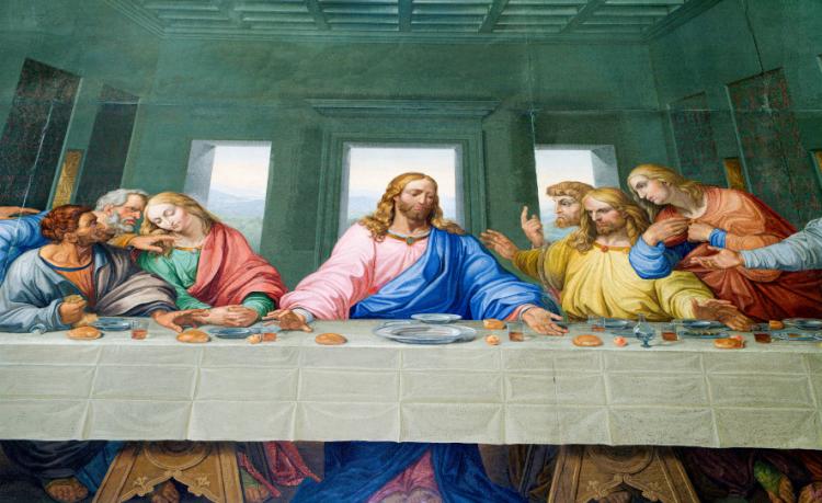 Maleri av den første nattverden med Jesus sittende i midten ved bordet omkranset av disiplene.