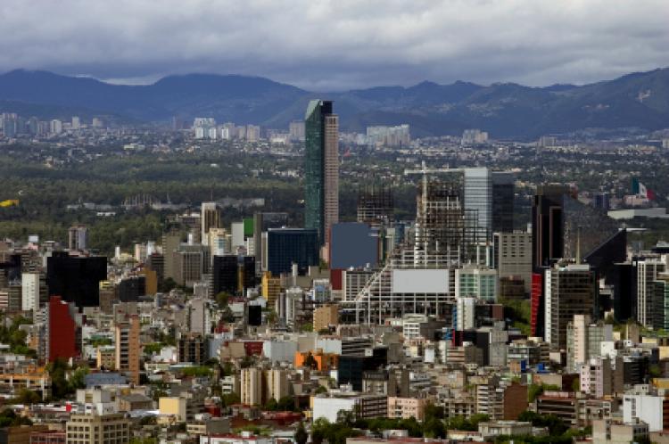 View of the buildings on reforma avenue and torre mayor in Mexico City