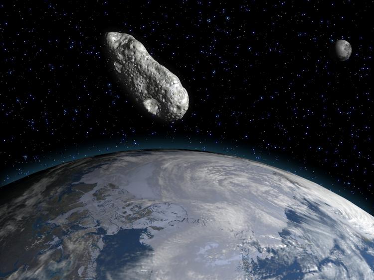 A 3-D rendering of an asteroid and the Earth by an artist. Click to see more detail. A 3-D rendering of an asteroid and the Earth by an artist.