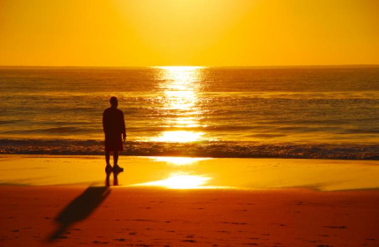 Solitary figure overlooking ocean at sunrise.